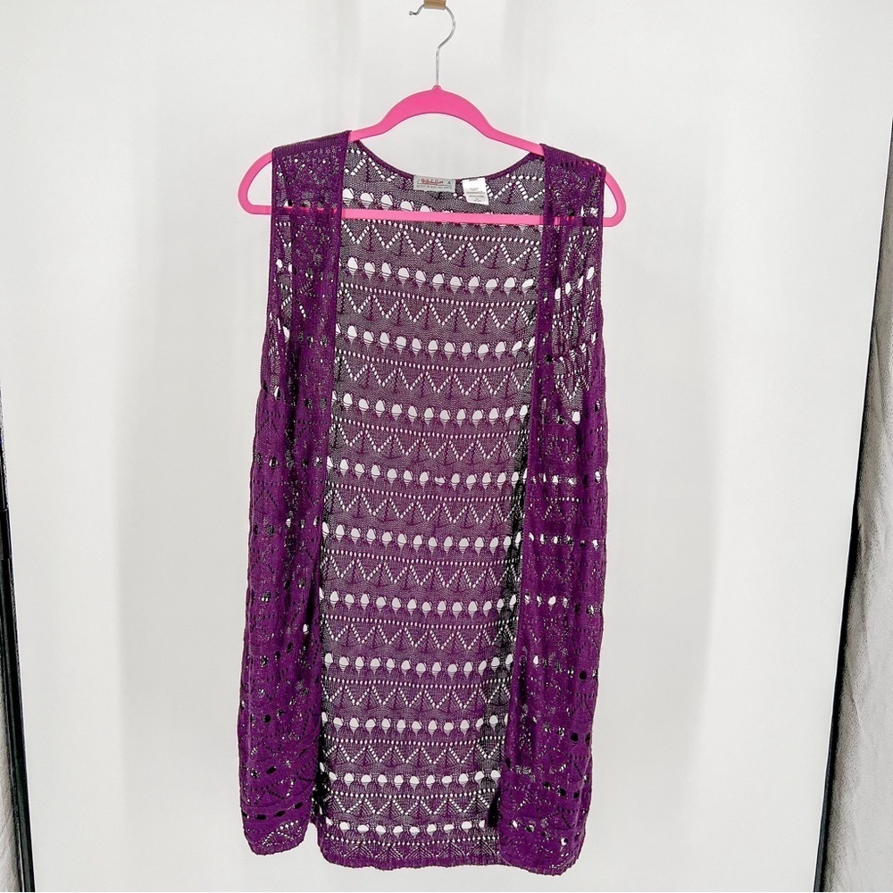 Joseph A. DEEP PURPLE Crocheted Open Vest Duster Loose Knit Sweater